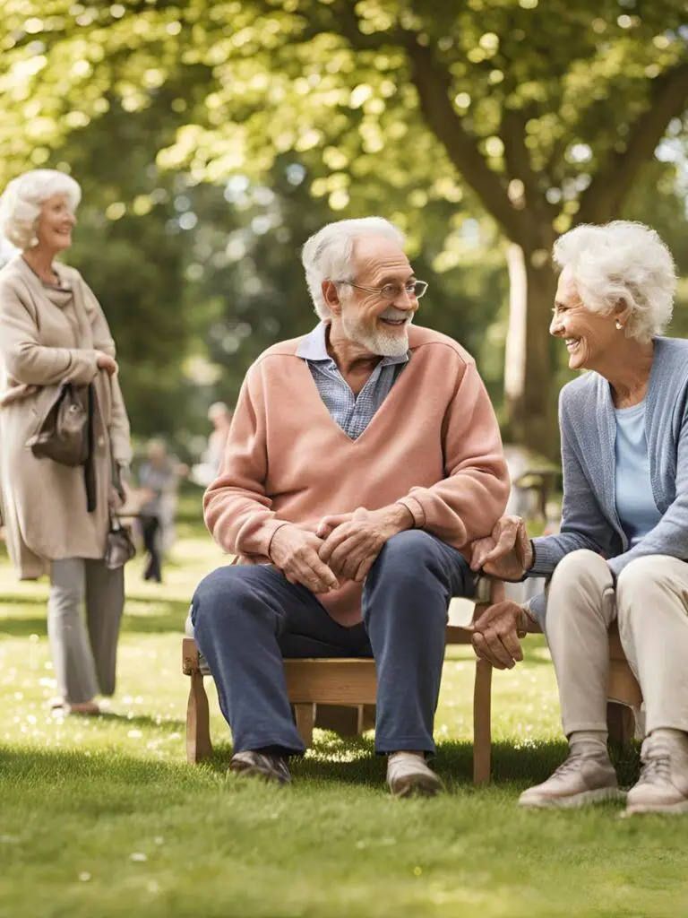 a group of older people sitting in chairs in a mobile home park for over 50