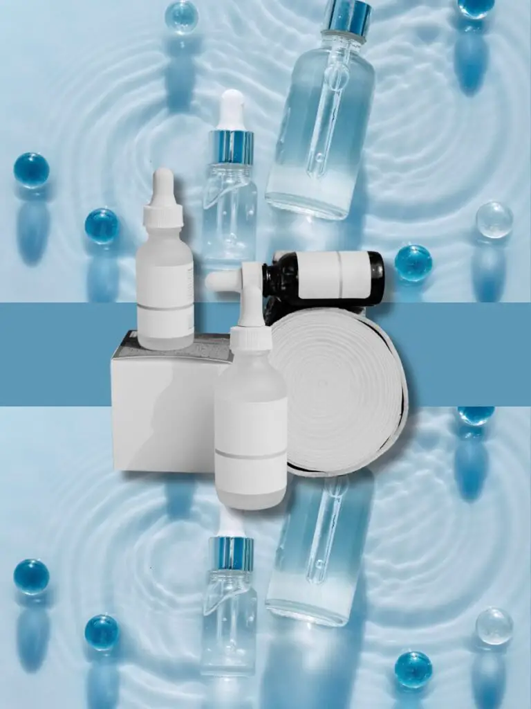 A group of bottles from a lab that could represent The Ordinary regimen for over 60 skin care products.