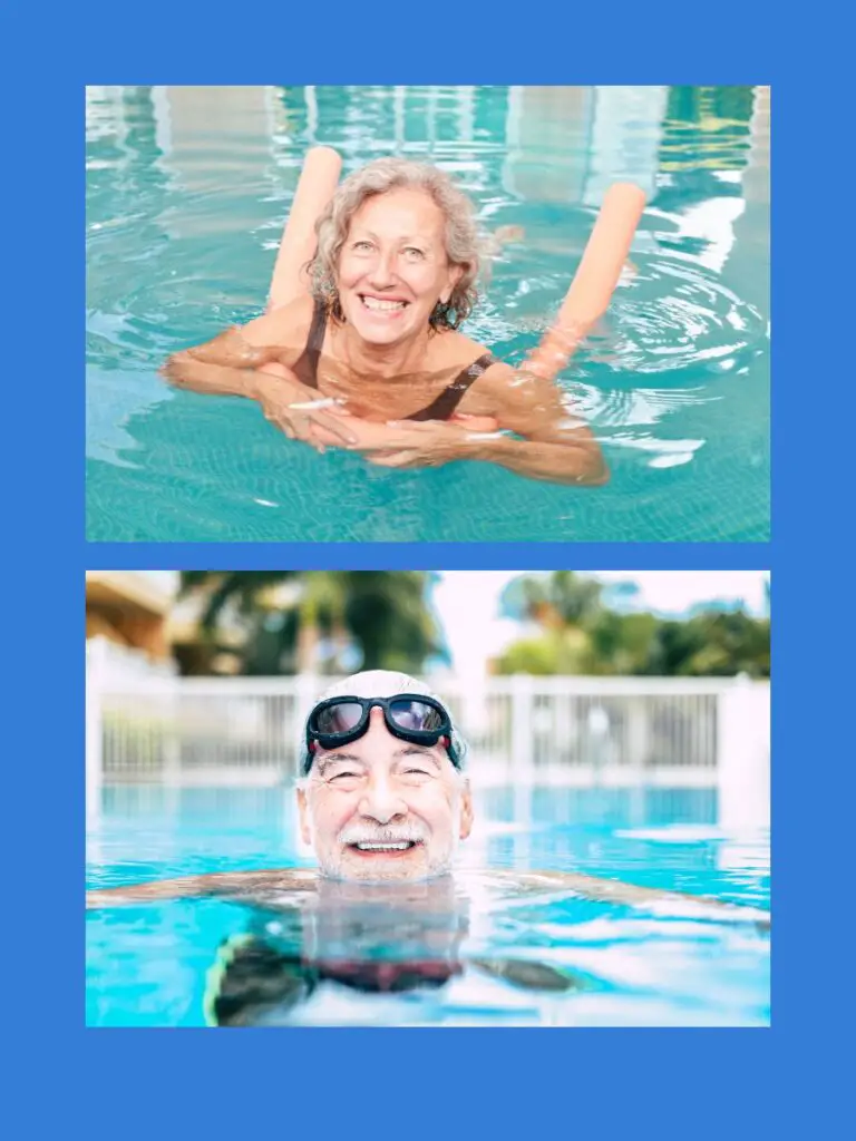 a collage of a man and a woman in a pool in competitive sports for adults over 50