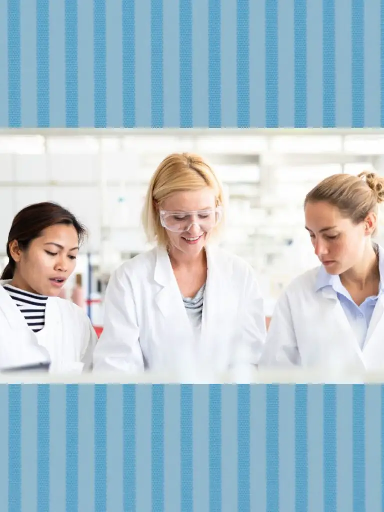 A group of women wearing lab coats that represents The Ordinary regimen for over 60 skin products.