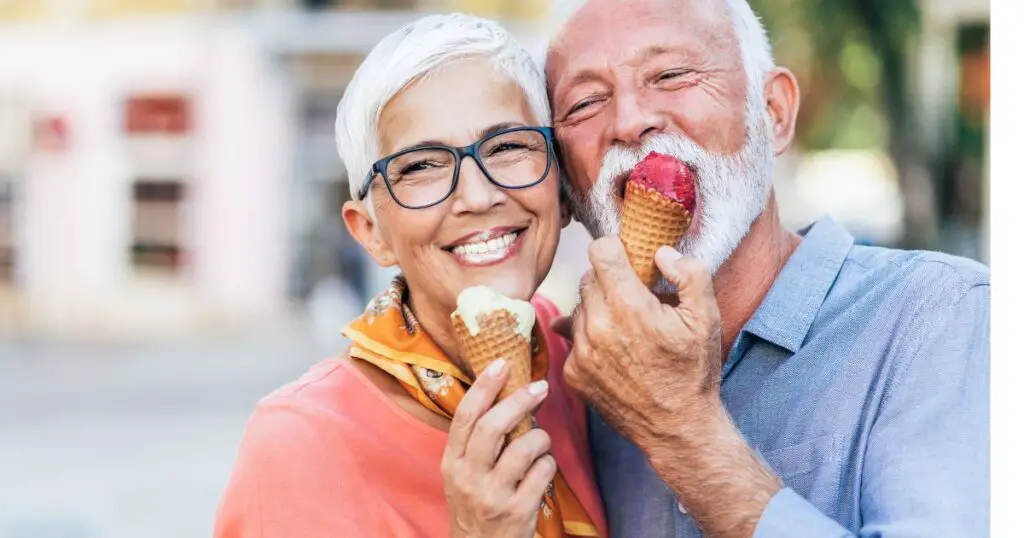 a man and woman eating ice cream and practicing first date etiquette for people over 50