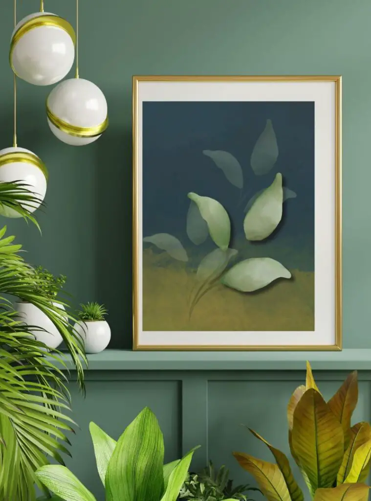 a framed picture on a green wall that was created as an art print for Etsy.