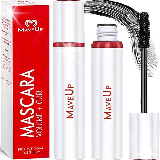 White mascara wand and brush next to a red and white product box.