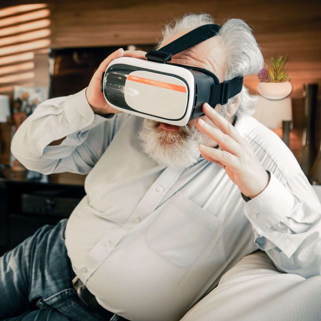 a man wearing virtual reality goggles to demonstrate one of many hobbies for men over 60