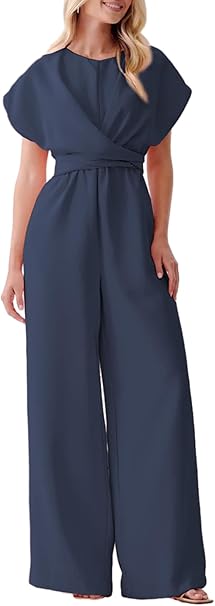 Navy blue women's jumpsuit perfect for people wondering what to wear to a wedding over 50