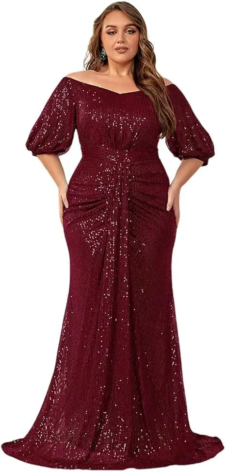 Woman modelling a floor length burgundy sequined formal gown 