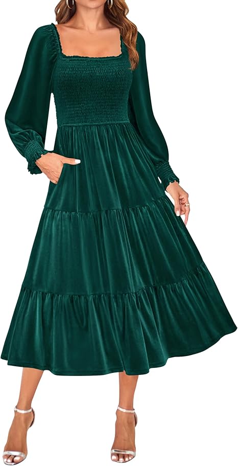 Mid length green velor dress with long sleeves and a squared bodice perfect for anyone wondering what to wear to a wedding over 50