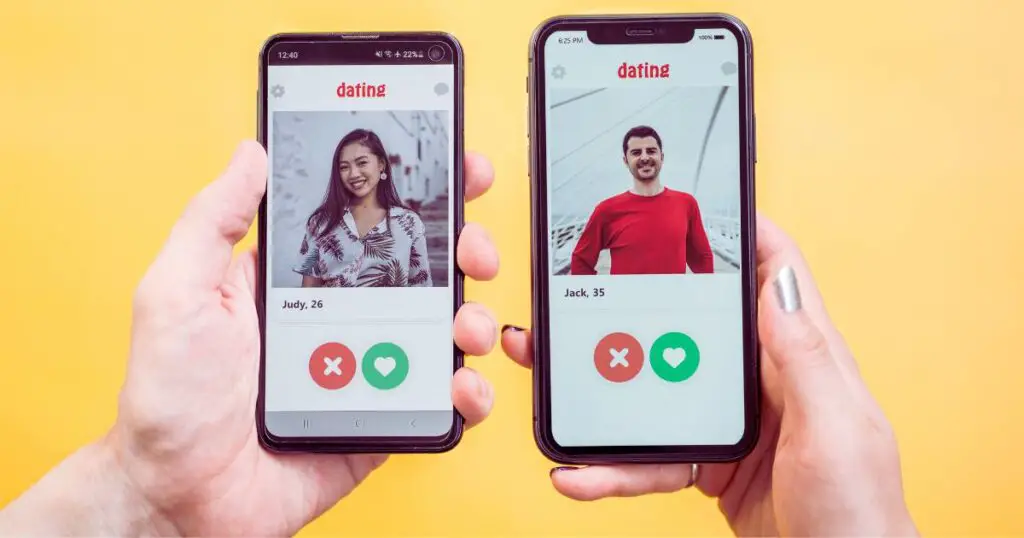 Two mobile phones side-by-side on a dating site to demonstrate whether you can browse plenty of fish without signing up