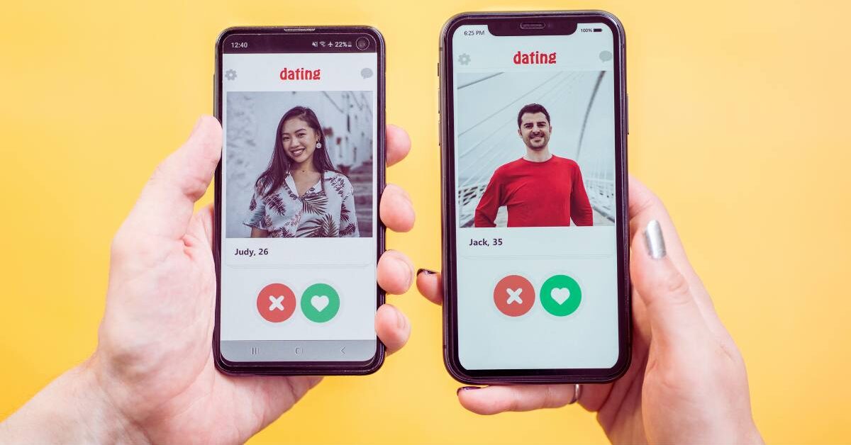 Two mobile phones side-by-side on a dating site to demonstrate whether you can browse plenty of fish without signing up