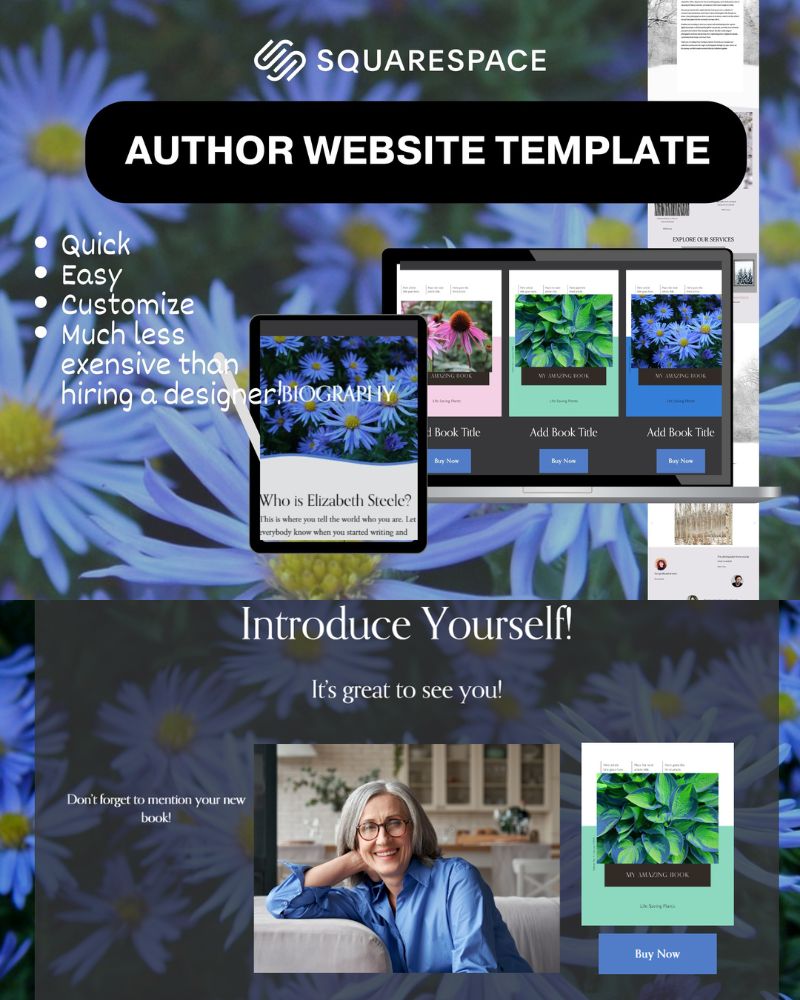 Examples of blue, Author website, custom Squarespace Templates 