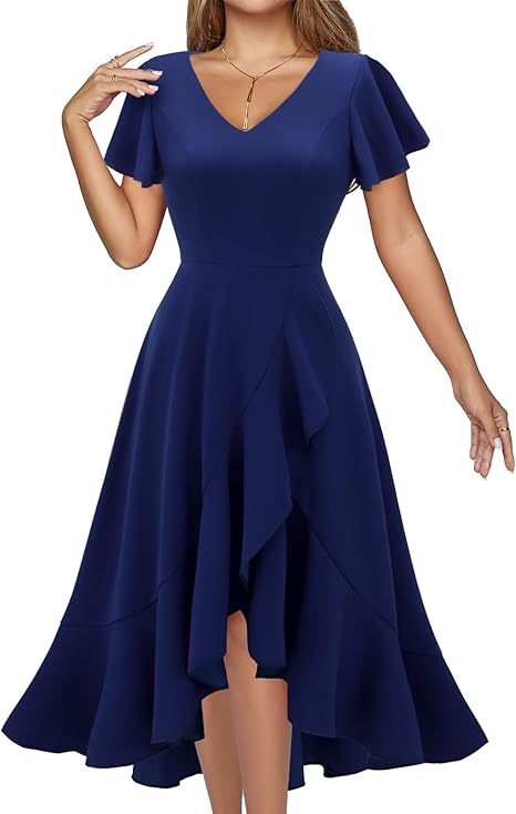 a woman in a blue dress that could be worn to a wedding over 50