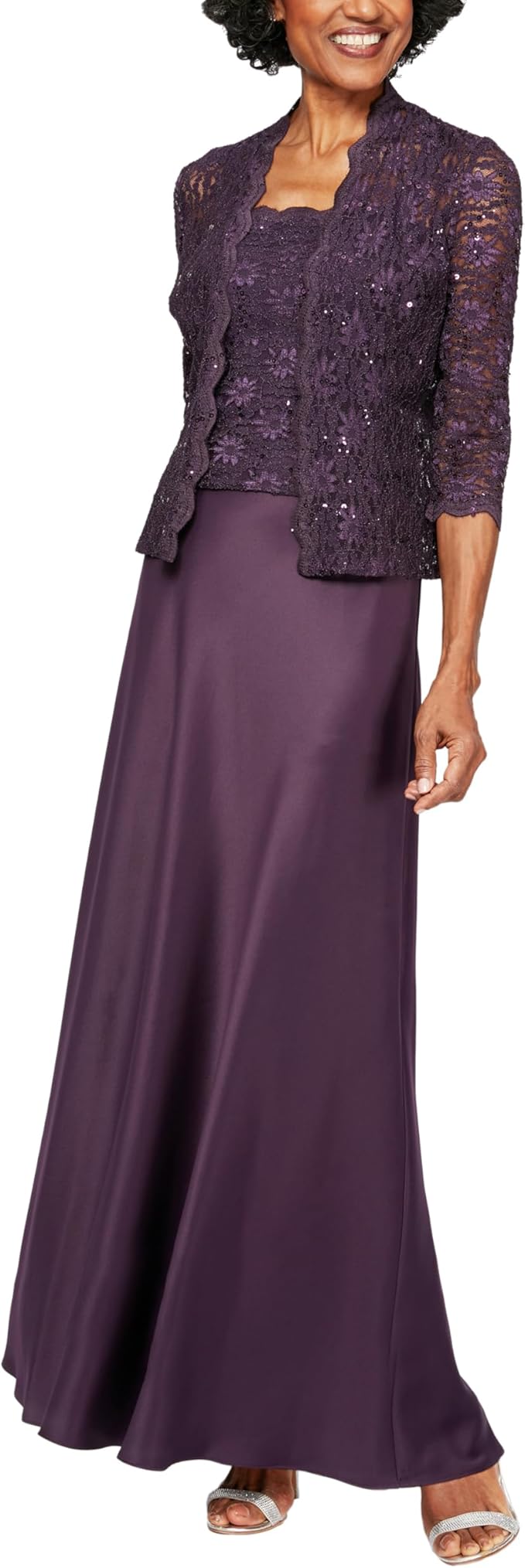 Deep purpple two piece dress with lace jacket to demonstrate what to wear to a wedding over 50