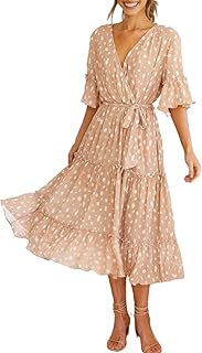 Beige and white dotted women's dress with belt perfect for anyone wondering what to wear to a wedding over 50