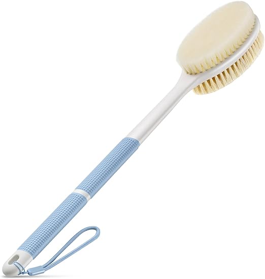 Long handled dual-sided bath brush that can be used when deciding how often to shower elderly.