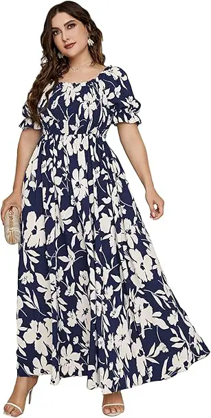 blue and white floral long dress for anyone wondering what to wear to a wedding over 50