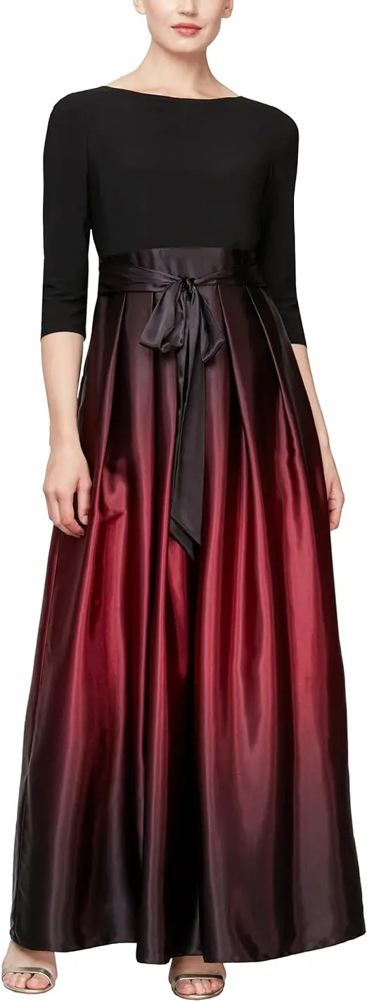 Black and burgundy formal floor length dress with sash buckle perfect for a women wondering what to wear to a wedding over 50