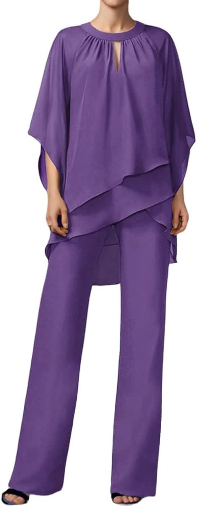 Purple chiffon pantsuit 2 piece half sleeve crew neck to demonstrate what you could wear to a wedding over 50