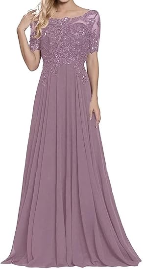 Women modelling a light purple formal dress with short sleeves and sequined bodice.