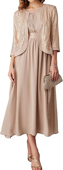 Woman modelling two piece beige sequined dress 