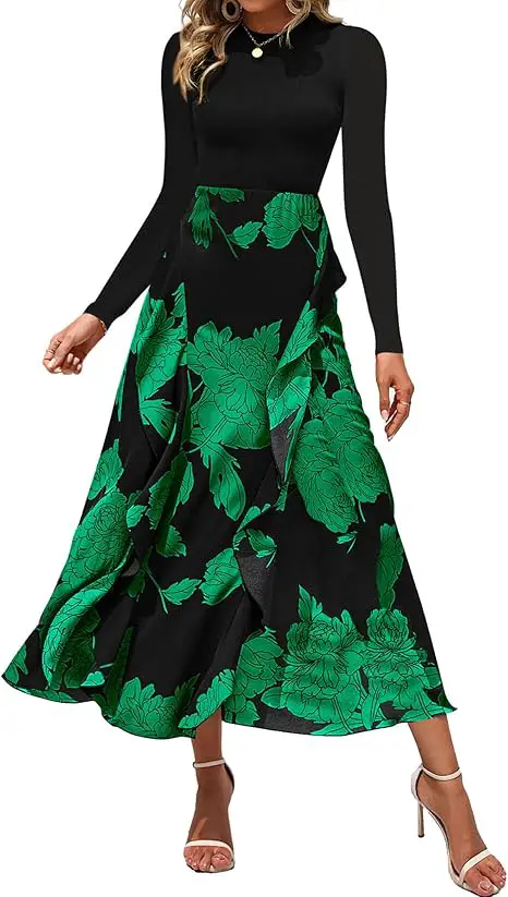 Woman modelling an ankle-length floral maxi dress with a black top and black and green floral bottom