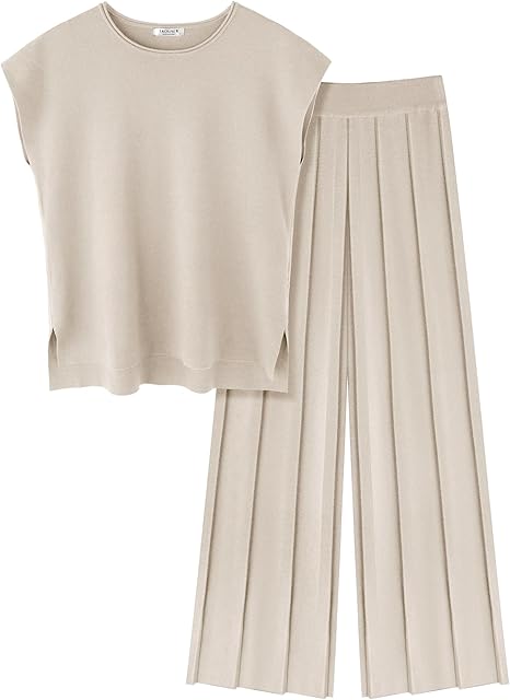 Women's two-piece knit cap sleeve top and pleated pants in beige 