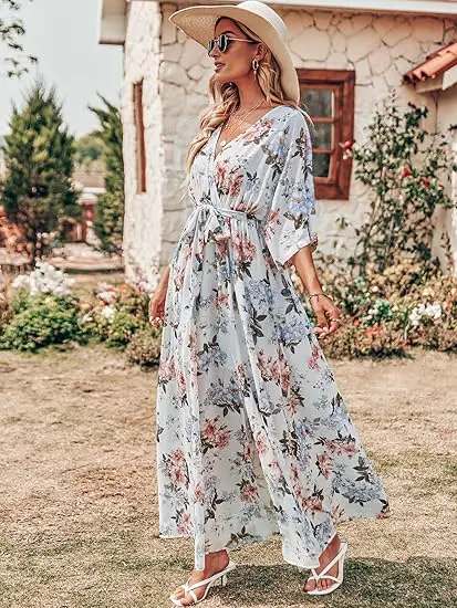 floral v-neck wrap 3/4 sleeve beach wedding dress