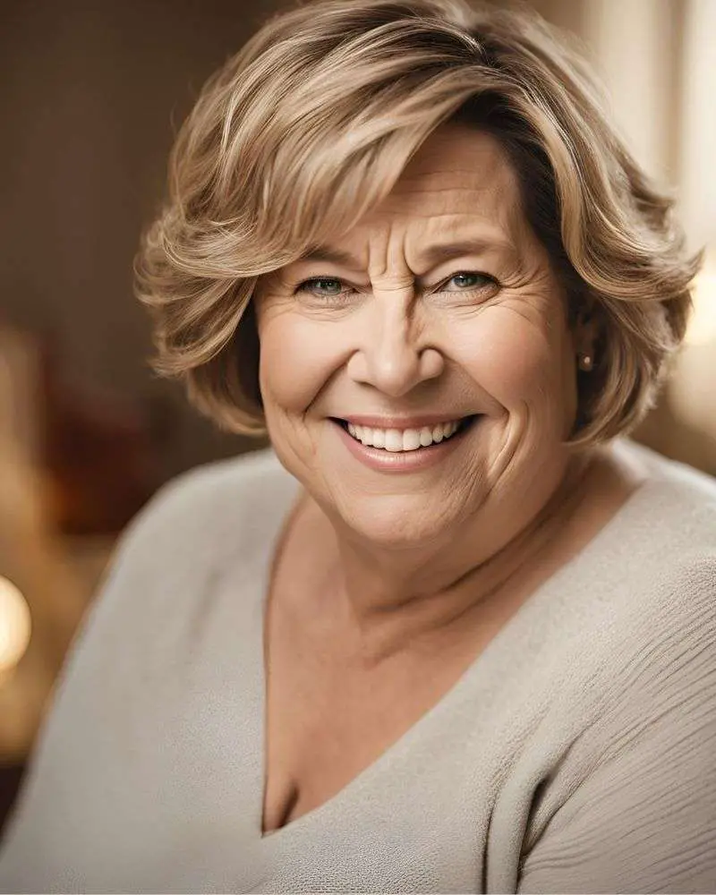 Older woman with oblong face demonstrating hairstyles for over 50 and overweight