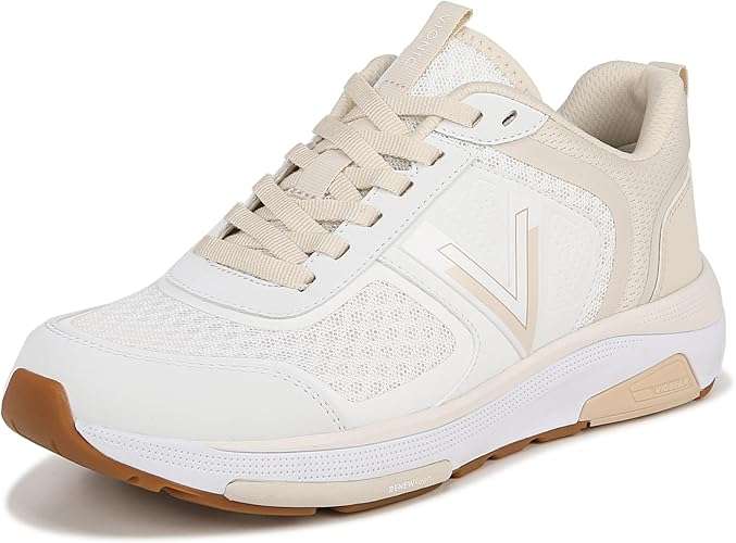 White and beige Vionic athletic arch support sneakers for women over 50