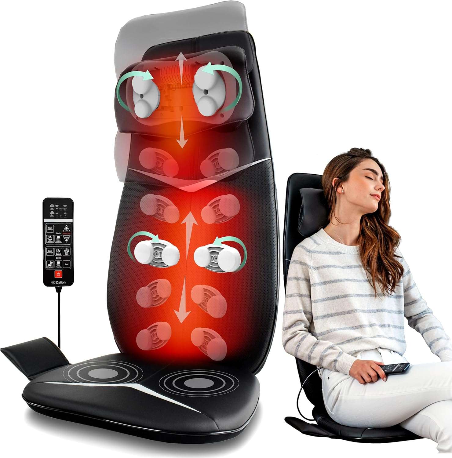 Woman sitting next to a neck and back massager 