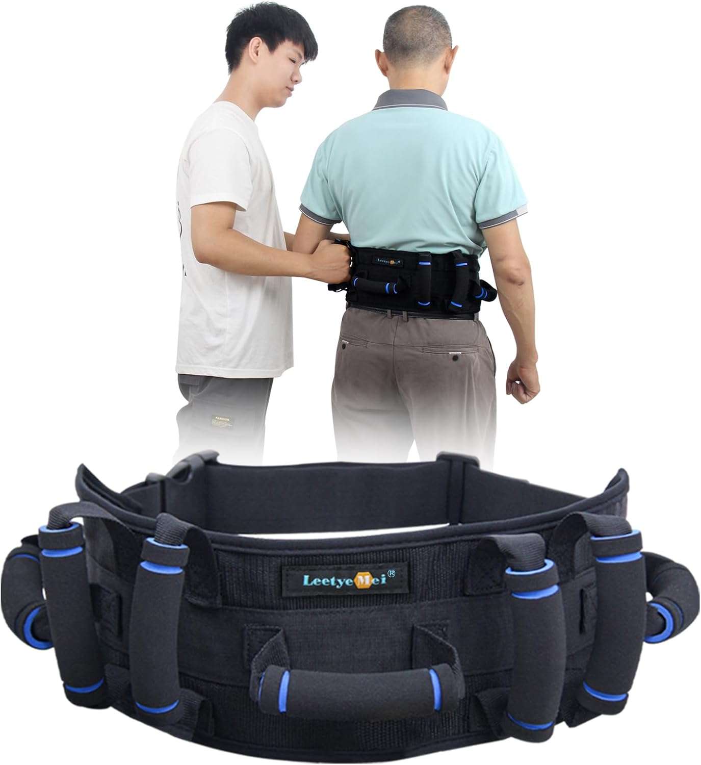 a man standing next to a black gait belt to demonstrate the many mobility devices for seniors