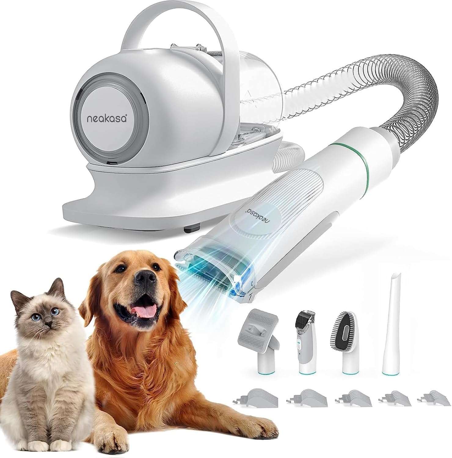 Dog and a cat sitting next to a vacuum