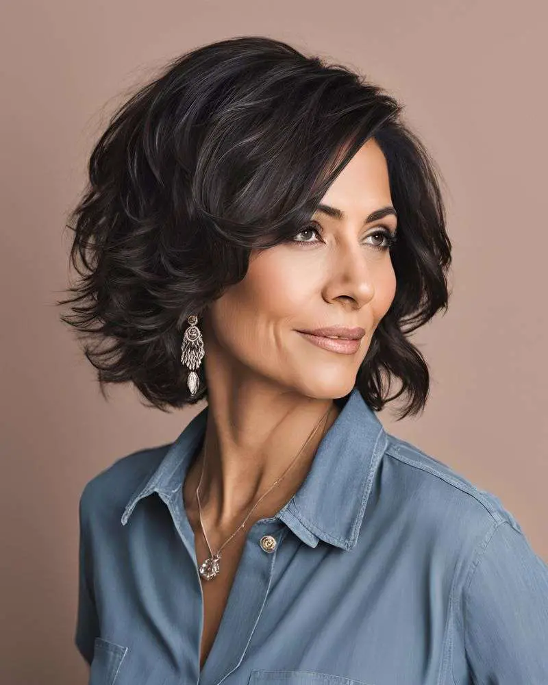 a woman with short dark hair wearing a blue shirt and earrings