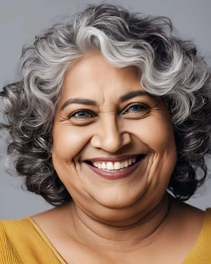 older woman with triangular face demonstrating hairstyles for over 50 and overweight