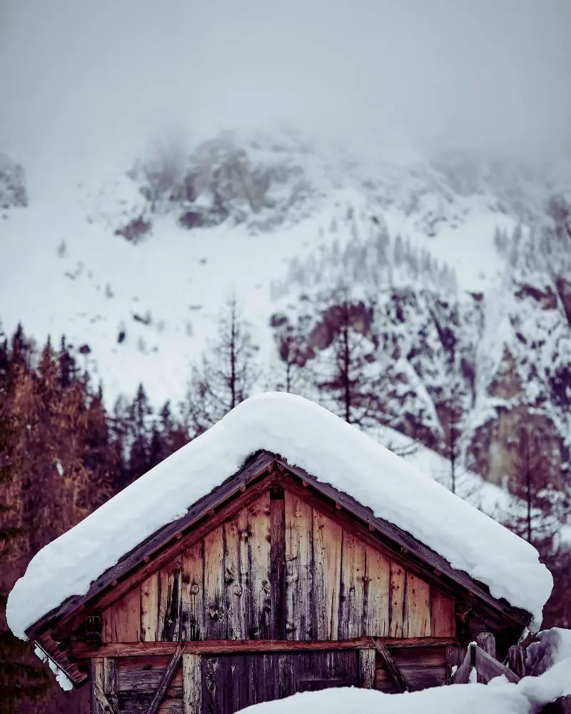 a wooden cabin with snow on top to capture cabin quotes for instagram