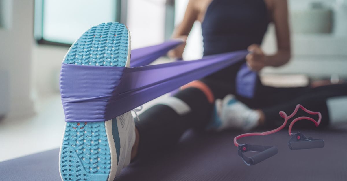 a close up of a person's leg doing resistance band exercises for over 60