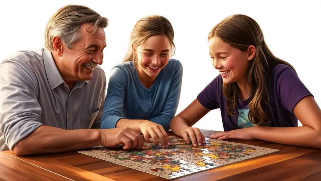 a man and two girls playing a puzzle