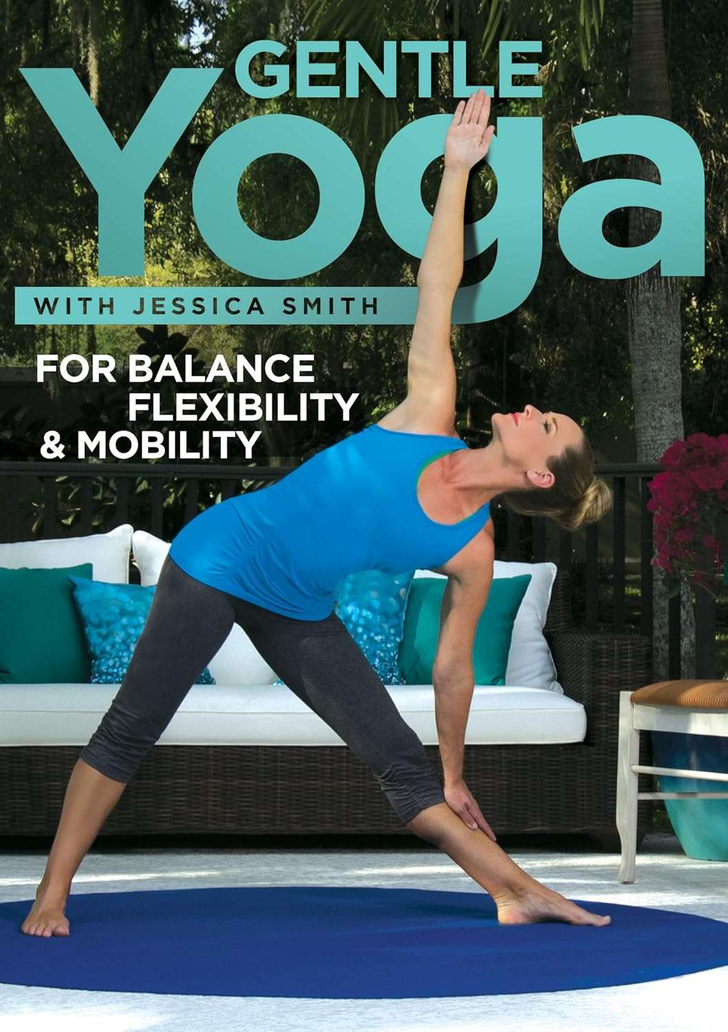 Woman doing a yoga pose on the cover of one of the best yoga dvd for beginners over 50