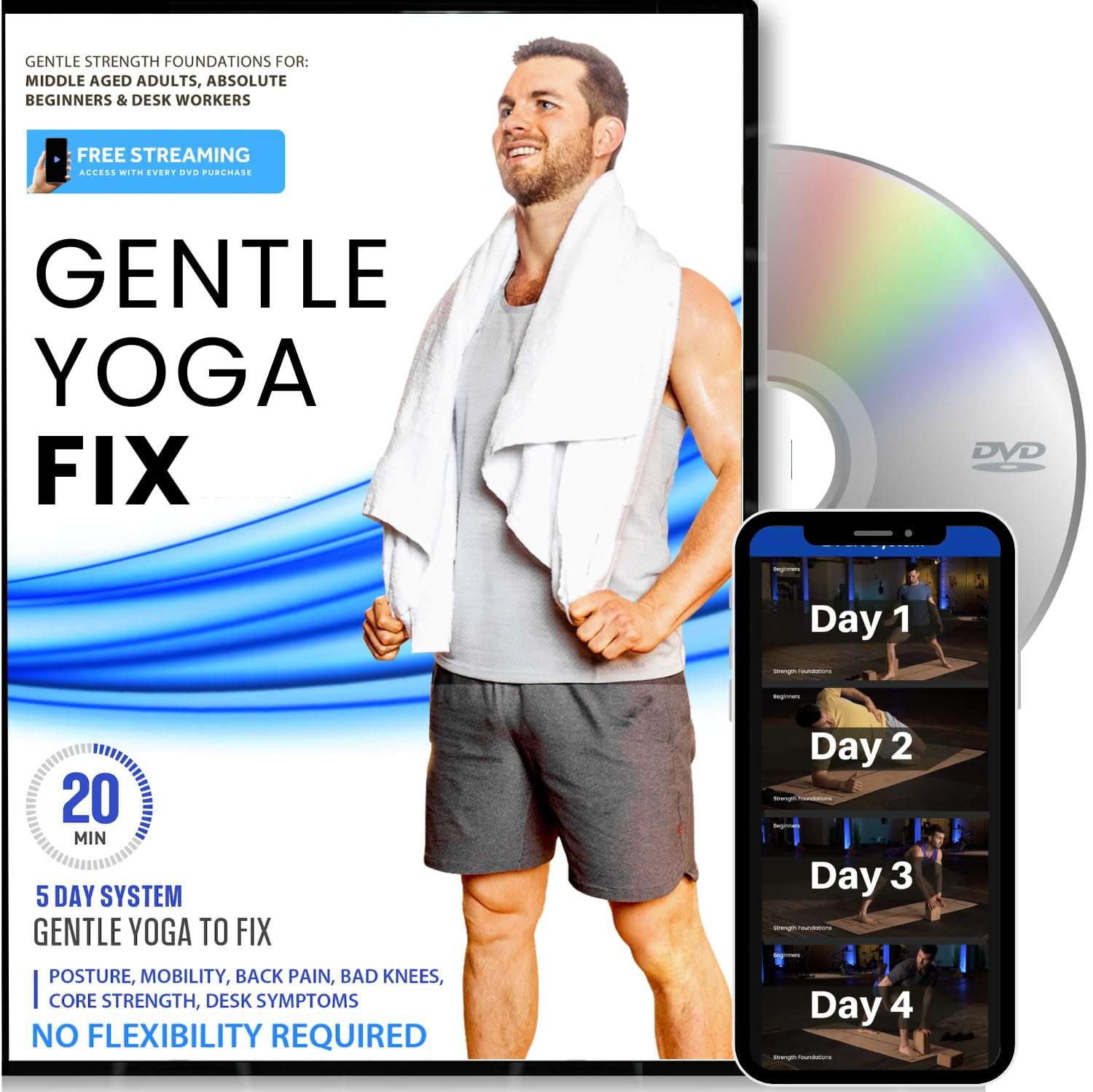 Man standing with a towel wrapped around his neck after doing one of the best yoga dvds for beginners