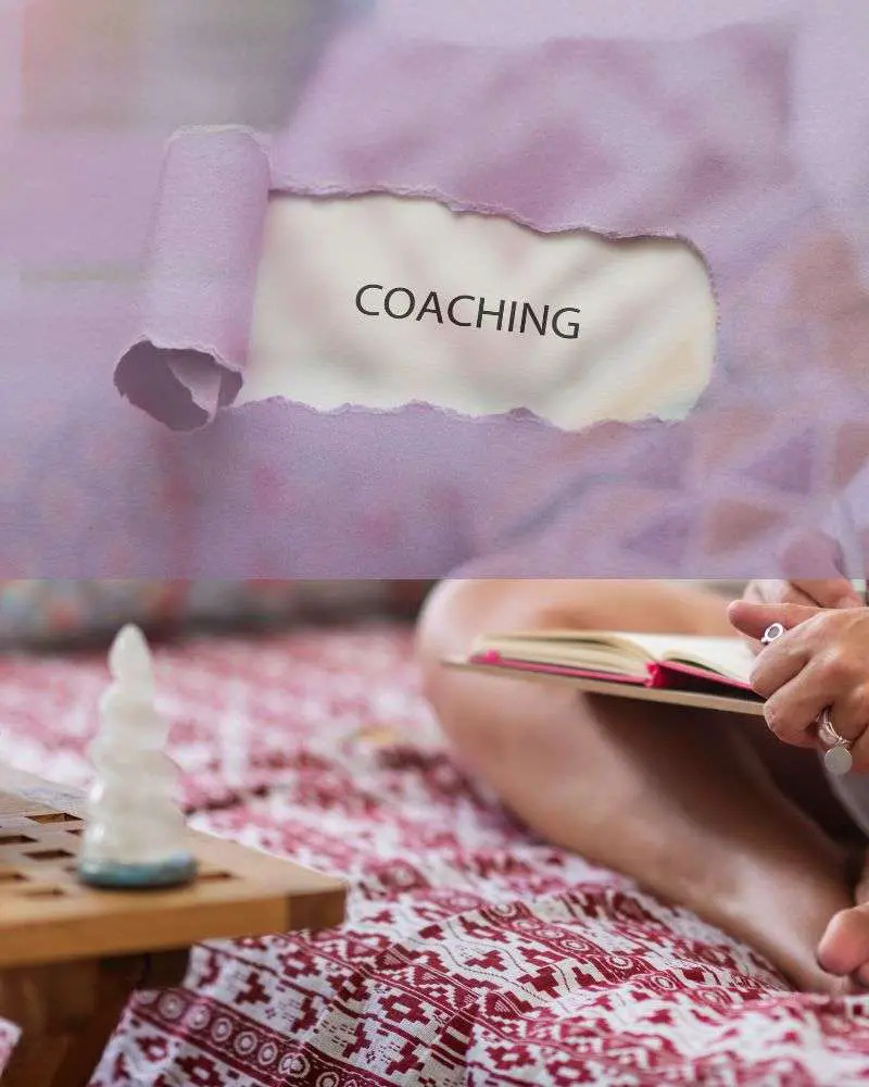 a collage of a woman sitting on a bed with a book and a piece of paper