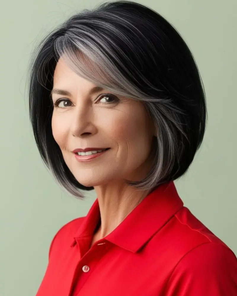 a woman in a red shirt with an angled bob after discovering the best short haircuts for women over 60