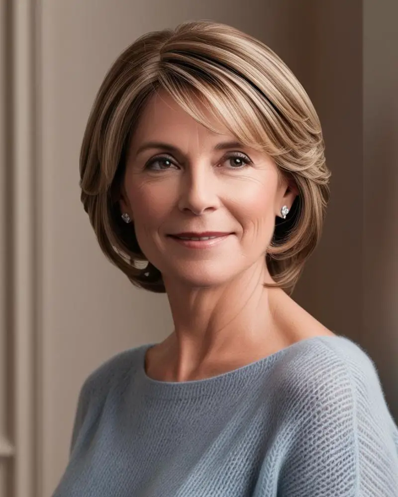 a woman smiling at the camera wearing a layered bob after discovering the best short haircuts for women over 60