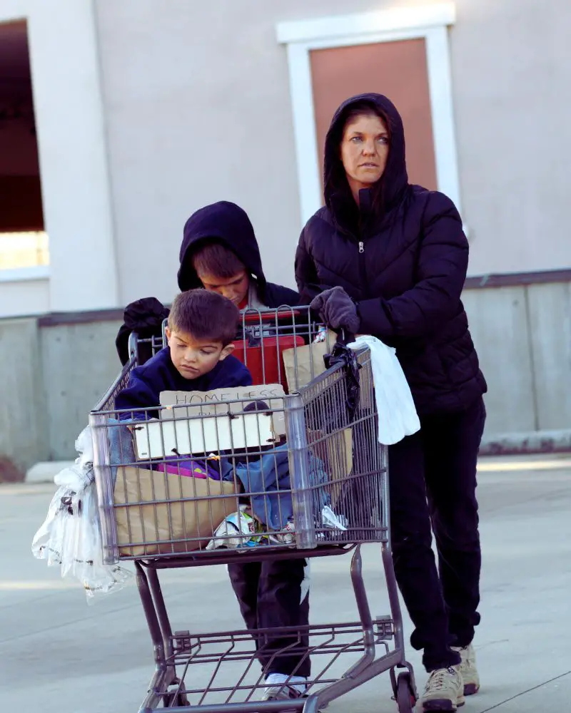 a woman pushing a shopping cart with a group of children worried about her next meal and begs the question what do homeless people need?