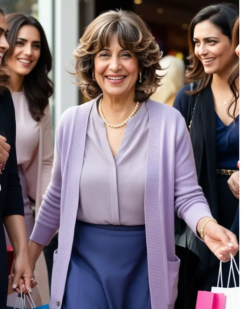 a woman smiling and holding shopping bags wearing a Medium Length Hairstyles for Thin Hair Over 60