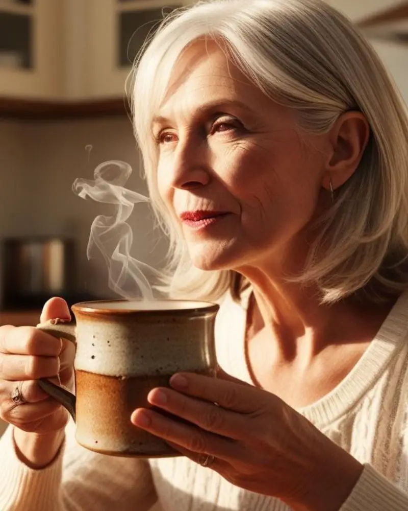 a woman holding a cup of coffee wearing medium length hairstyles for thin hair over 60