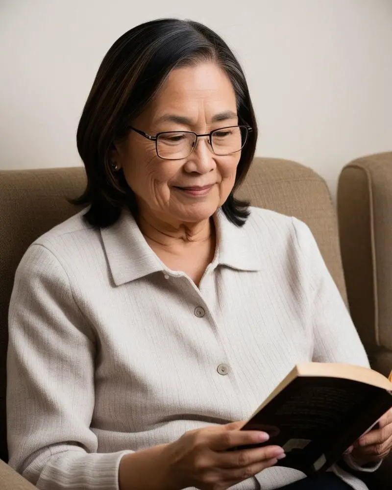 a woman reading a book wearing one of the best medium length hairstyles for for thin hair over 60