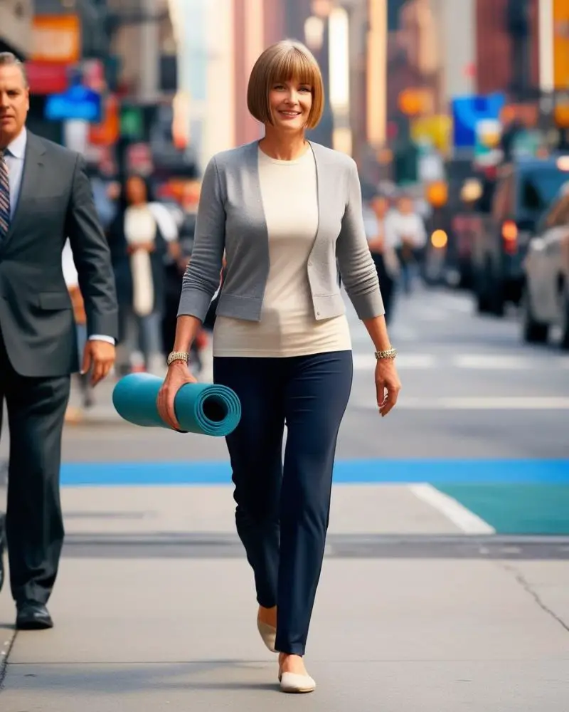 a woman walking on the street holding a yoga mat