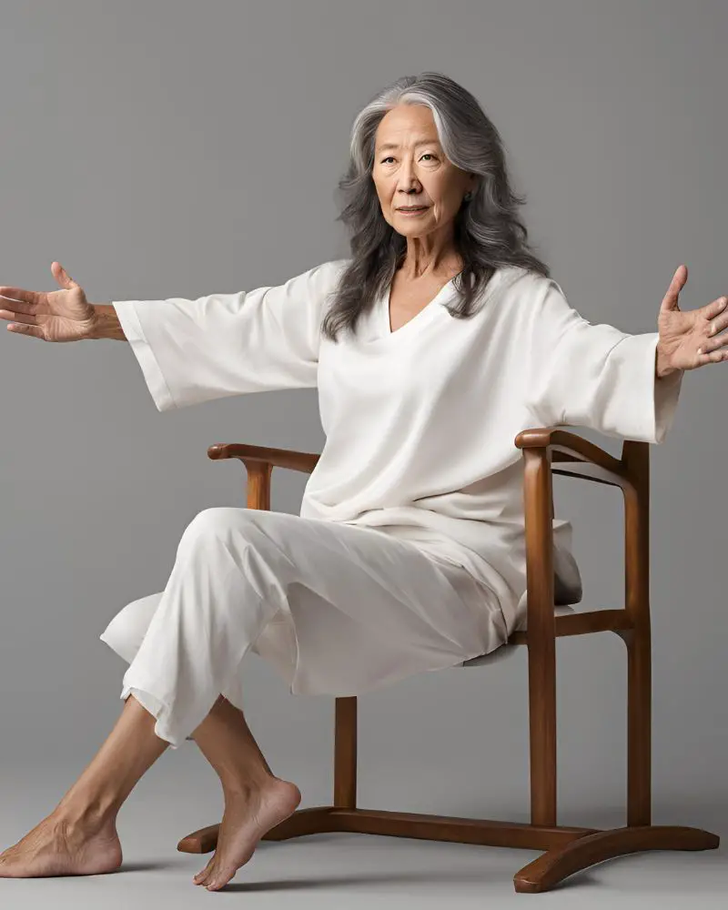 a woman sitting in a chair with her arms out performing tai chi to show that there are many hobbies for people with mobility issues.