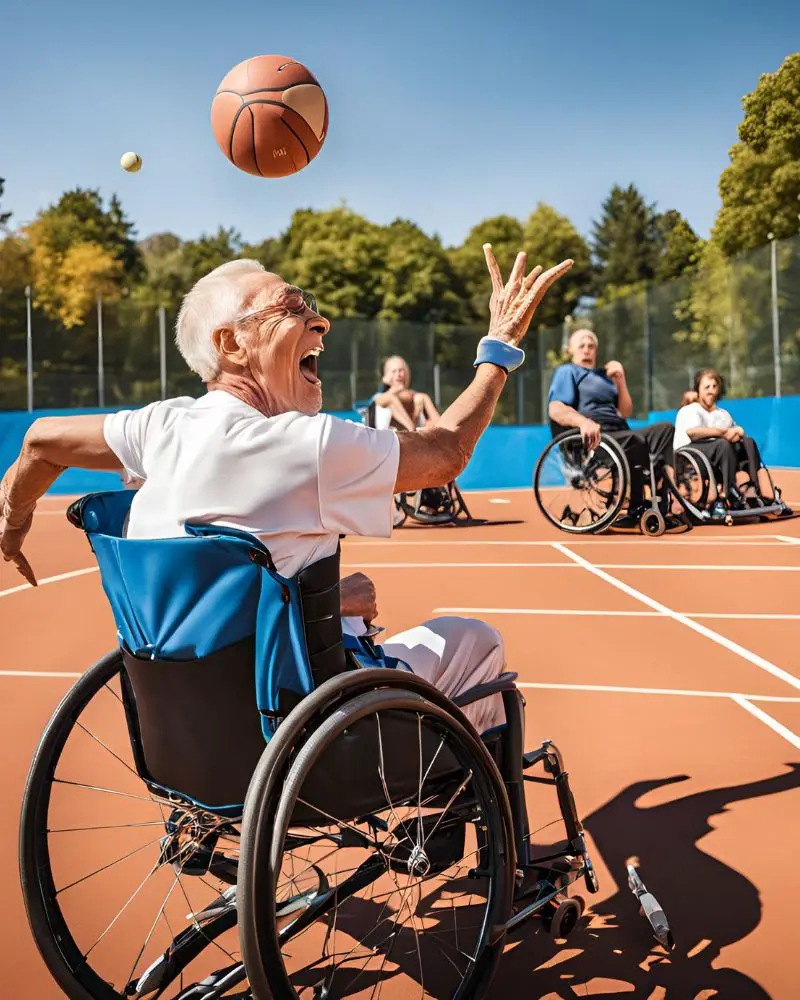 a man in a wheelchair playing basketball to show that there are many hobbies for people with mobility issues.