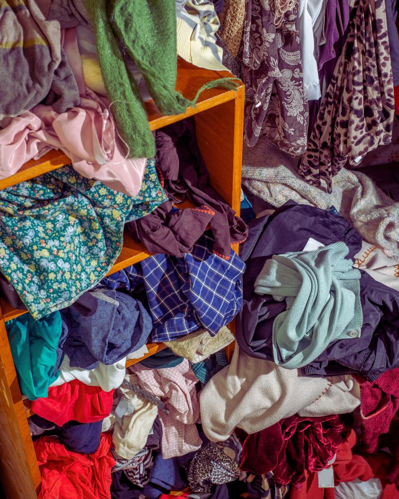 a shelf full of clothes messily piled on top of each other