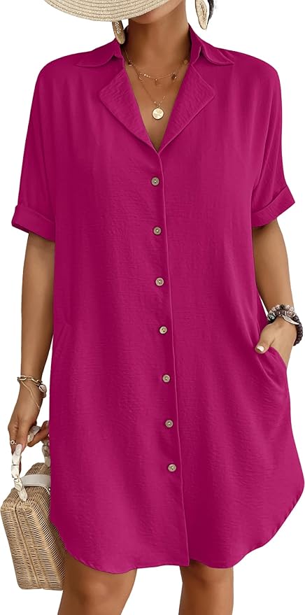 a woman wearing a pink shirt dress to demonstrate summer dresses for women over 50